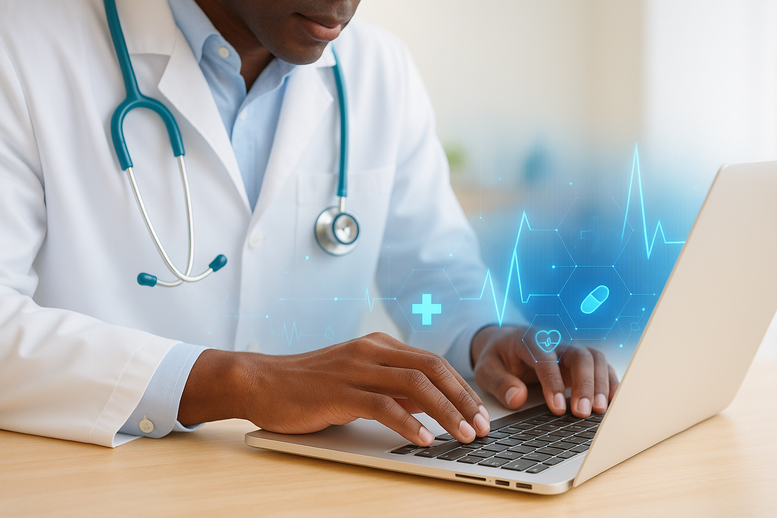 Arzt mit Laptop und digitalen medizinischen Daten